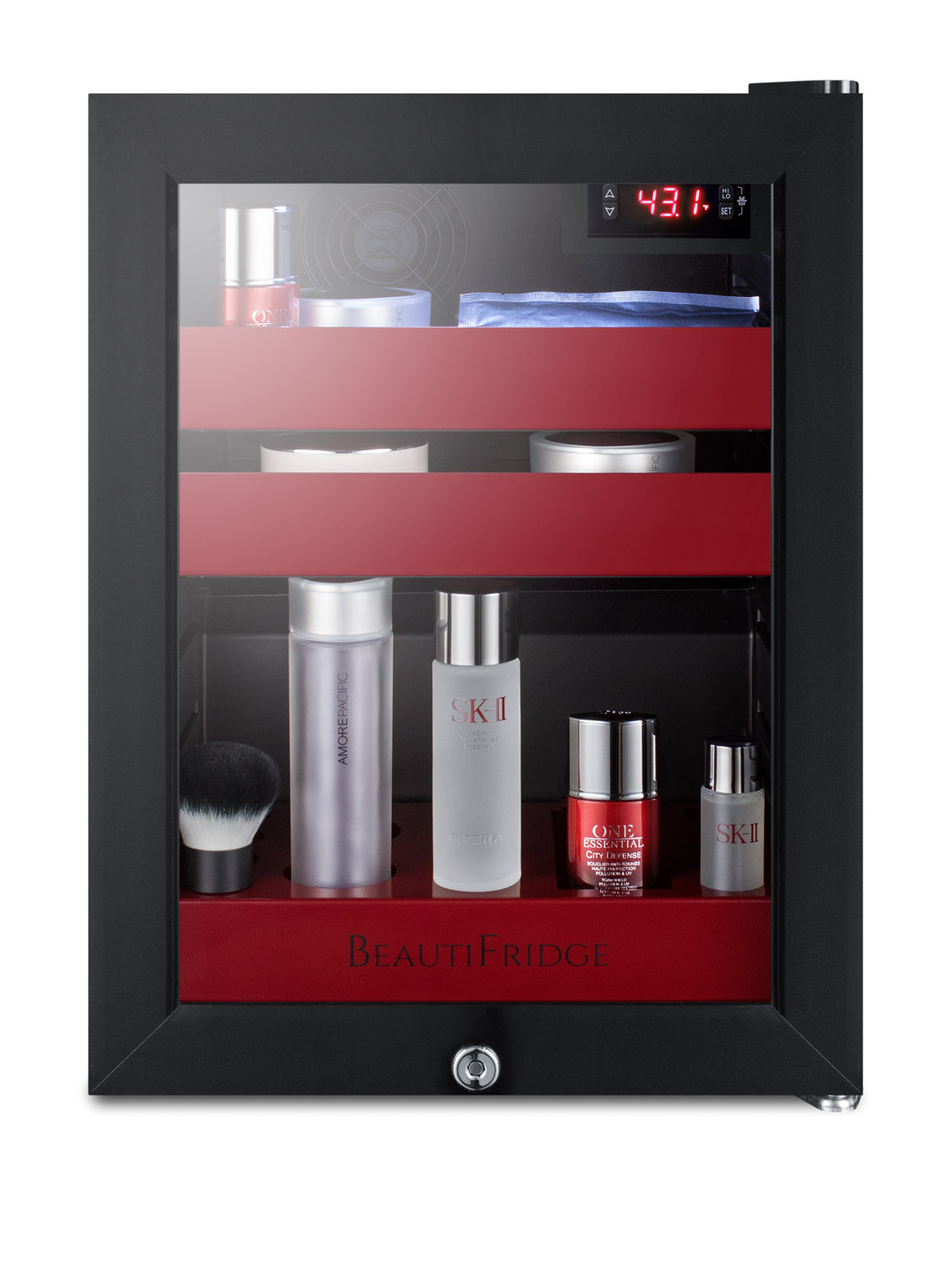 BeautiFridge compact cosmetics cooler with glass door, black cabinet, lock, glossy ruby-colored shelves, and digital controls set for the storage of beauty products